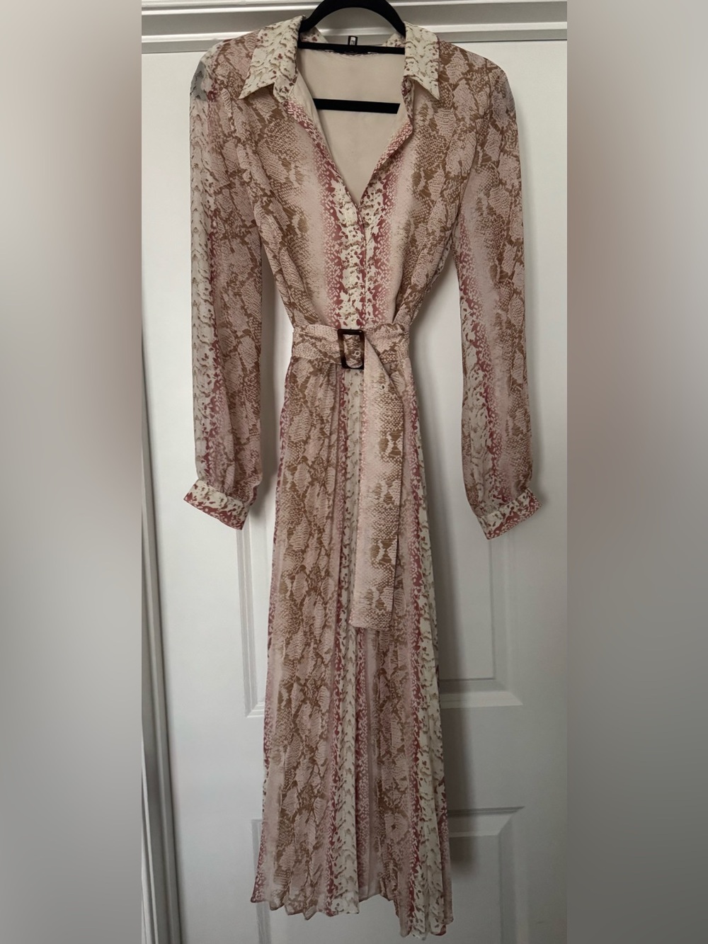 Lucy Paris Pink and Beige Snake-Print Long Sleeve Belted Dress